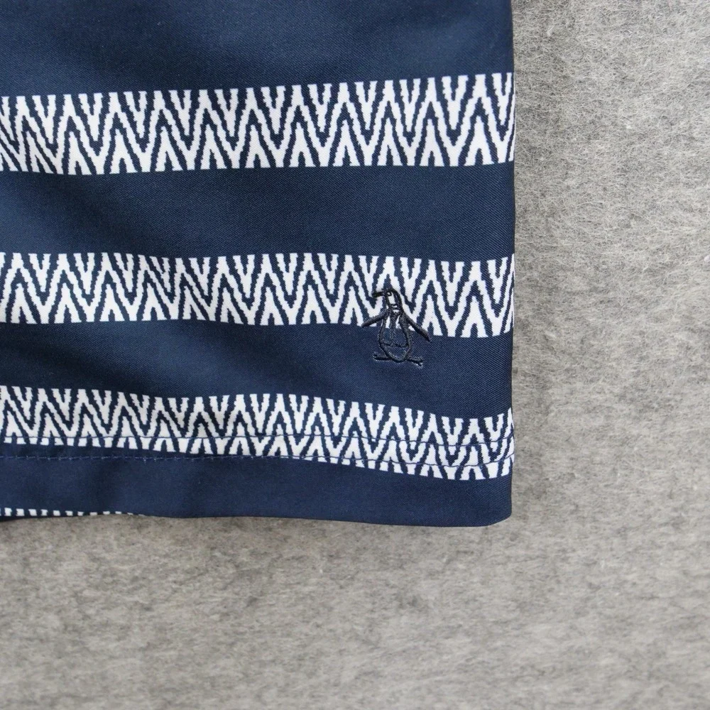 Original Penguin Shorts  Mens Medium Blue White Swim Trunks Geometric Striped